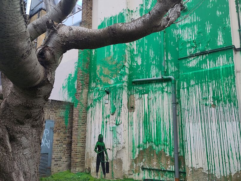 An up-close view of the Banksy mural in Islington, London, 18 March 2024.