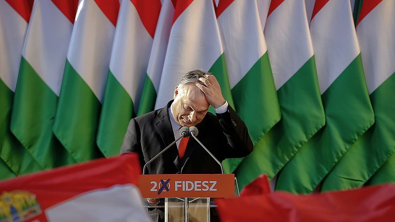 Prime Minister Viktor Orban pauses while delivering a speech during the final electoral rally of his Fidesz party in Szekesfehervar, Hungary, April 2018