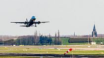 A plane takes of at Brussels Zaventem airport. The EU is banking on biofuels to help reduce the growing climate impact of the aviation industry.