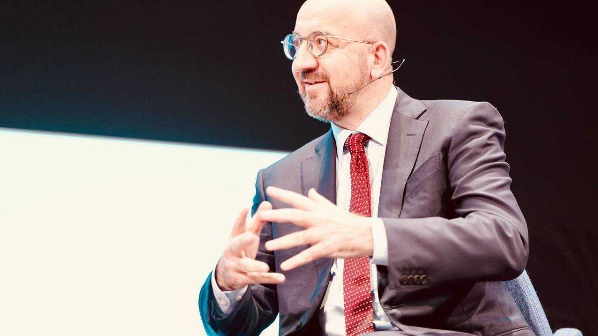 European Council President Charles Michel (C) is taking part in an Euronews event in Brussels, March 19, 2024.