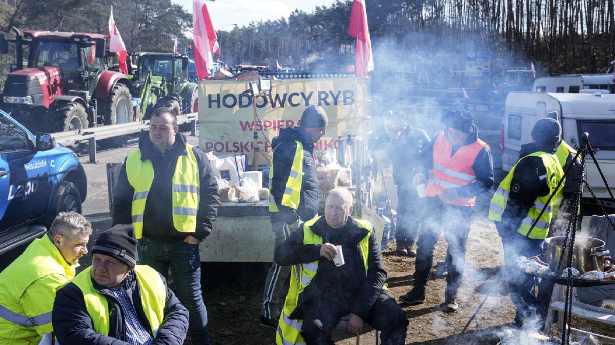 Traktoraikkal tiltakozó gazdák a lengyelországi Swieckóban 2024. március 19-én. 