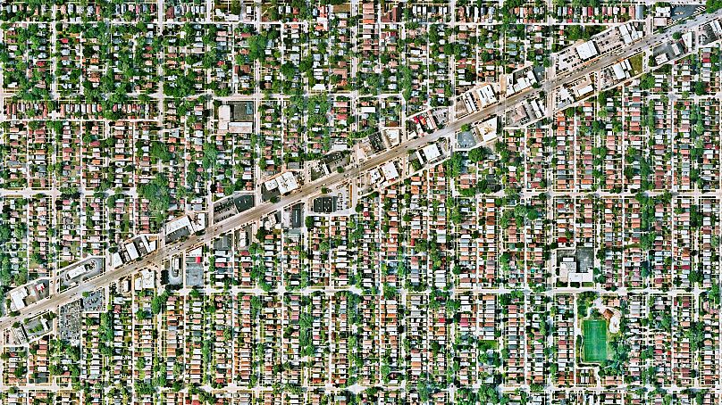 A satellite image of the city of Berwyn, Illinois, created by Benjamin Grant for his project "Overview: A New Perspective of Earth."