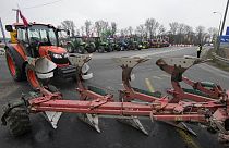 Imagen de tractores de algunos agricultores polacos que han bloqueado carreteras cerca de Varsovia para protestar.