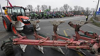 Polish farmers block roads with tractors in Kazun Polski near Warsaw, Poland, on Wednesday March 20, 2024 