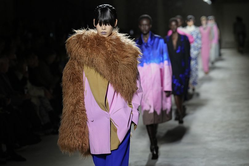 Models wear creations as part of the Dries Van Noten Fall/Winter 2024-2025 ready-to-wear collection presented Wednesday, Feb. 28, 2024 in Paris