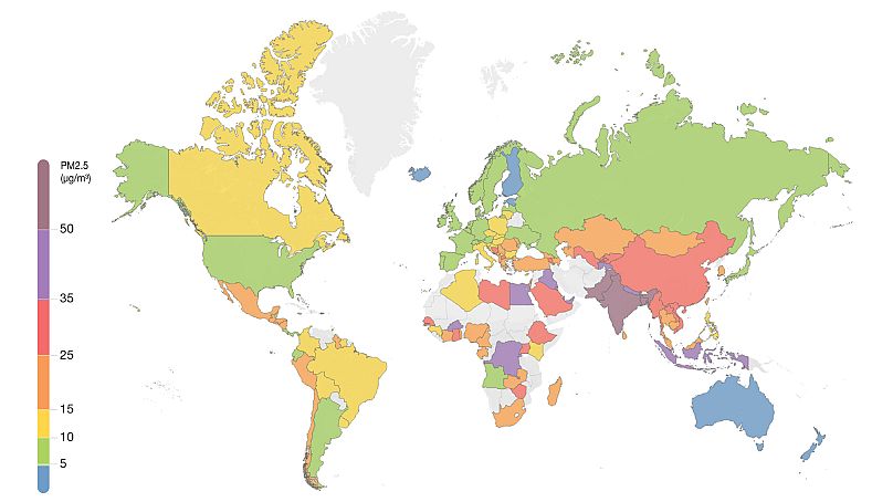 Concentrations of PM2.5 around the globe.