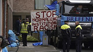 Tents are removed after men thought to be migrants who had been camping at the International Protection Office on Mount Street were taken by bus to a site at Crooksling