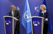 ll segretario generale dell'Onu, Antonio Guterres, e la presidente della Commissione europea, Ursula von der Leyen, alla conferenza stampa a Bruxelles (20marzo 2024)