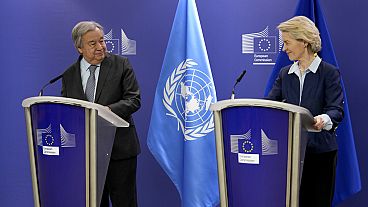 El secretario general de la ONU, António Guterres, con la presidenta de la Comisión Europea, Ursula von der Leyen.