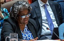 US Ambassador Linda Thomas-Greenfield addresses a meeting of the United Nations Security Council