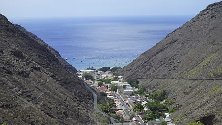 The city of Jamestown is pictured between massive volcanic cliffs on the remote island of St Helena