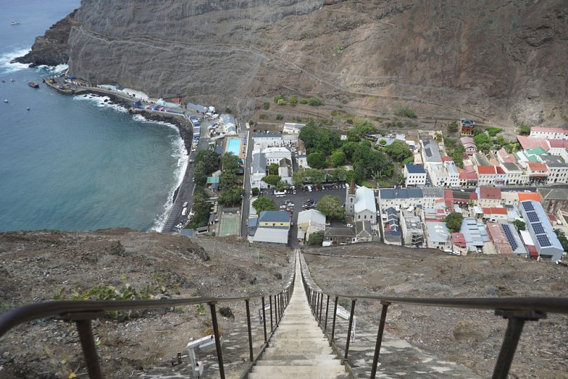 The city of Jamestown is pictured from the top of Jacob’s Ladder, a massive staircase carved into the side of a mountain on the remote island of St Helena