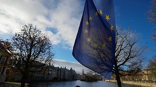 An European Union flag flies outside parliament building in the Netherlands. 