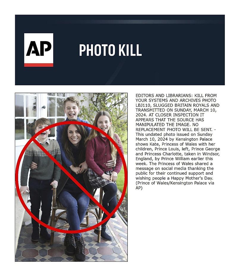La retractación de Associated Press (AP), o "Photo Kill", de una imagen que fue manipulada de una manera que no cumplía con los estándares de fotografía de la agencia.