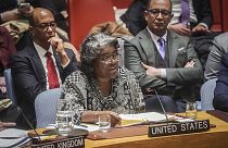 US United Nations (UN) Ambassador Linda Thomas-Greenfield (centre) addresses a meeting of the UN Security Council on the war in Gaza, on March 11, 2024, at UN headquarters.