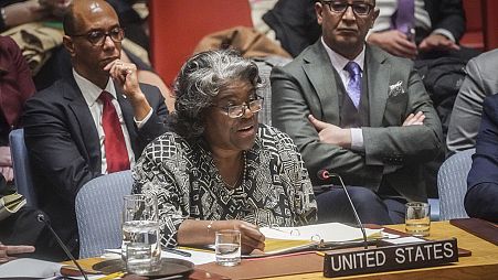 US United Nations (UN) Ambassador Linda Thomas-Greenfield (centre) addresses a meeting of the UN Security Council on the war in Gaza, on March 11, 2024, at UN headquarters.