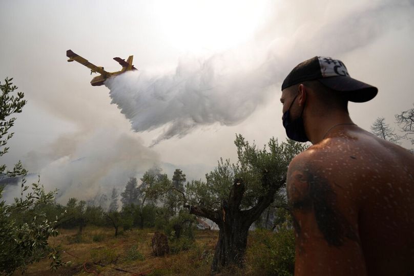Местный житель смотрит на то, как пожарный самолет сбрасывает воду на лесной пожар на острове Эвбея в Греции, 9 августа 2021.