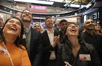 Reddit CEO Steve Huffman and company employees celebrate on the New York Stock Exchange trading floor, prior to his company's IPO. March. 21, 2024. 