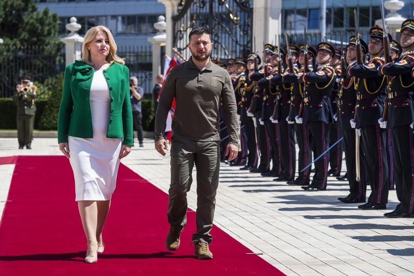 Zuzana Čaputová szlovák államfő és Volodimir Zelenszkij urán elnök Pozsonyban 2023. nyarán