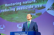 EU environment commissioner Virginijus Sinkevičius in June 2022 unveils proposals to slash pesticide use and restore ecosystems.