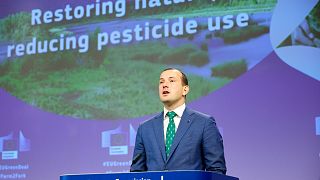 EU environment commissioner Virginijus Sinkevičius in June 2022 unveils proposals to slash pesticide use and restore ecosystems.