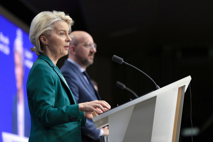 European Commission President Ursula von der Leyen and European Council President Charles Michel address a media conference in Brussels, March 2024