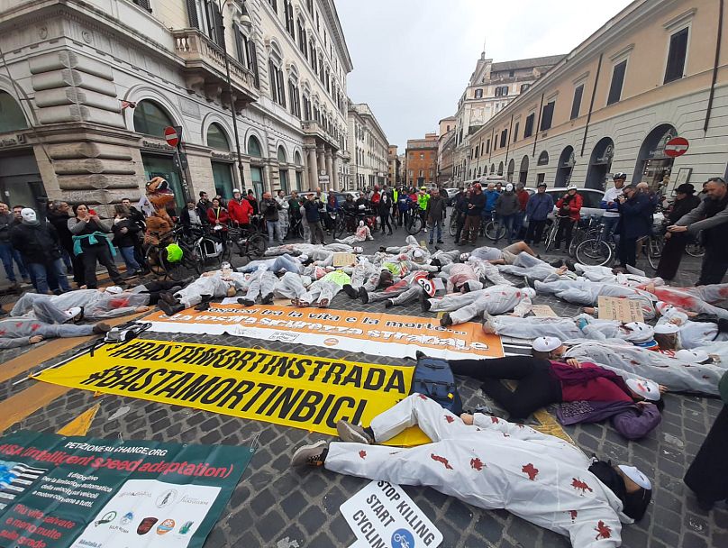 Protesters stage a demonstration against the road code reform in Rome earlier this month.