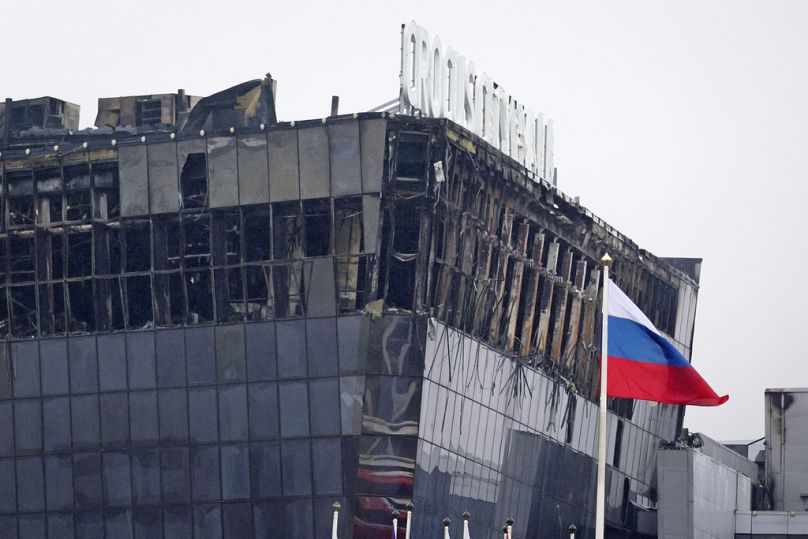 A view of the Crocus City Hall burned after a terrorist attack is seen on the western edge of Moscow, Russia, Saturday, March 23, 2024.