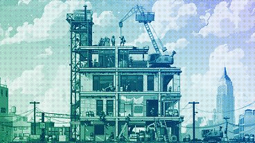 Workers constructing a climate-friendly building, illustration