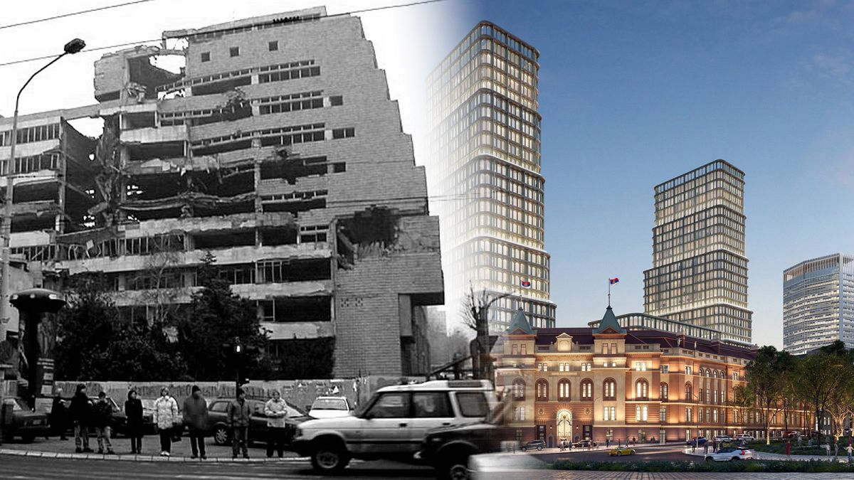 A védelmi minisztérium lebombázott épülete és a helyére tervezett üzleti negyed látványterve