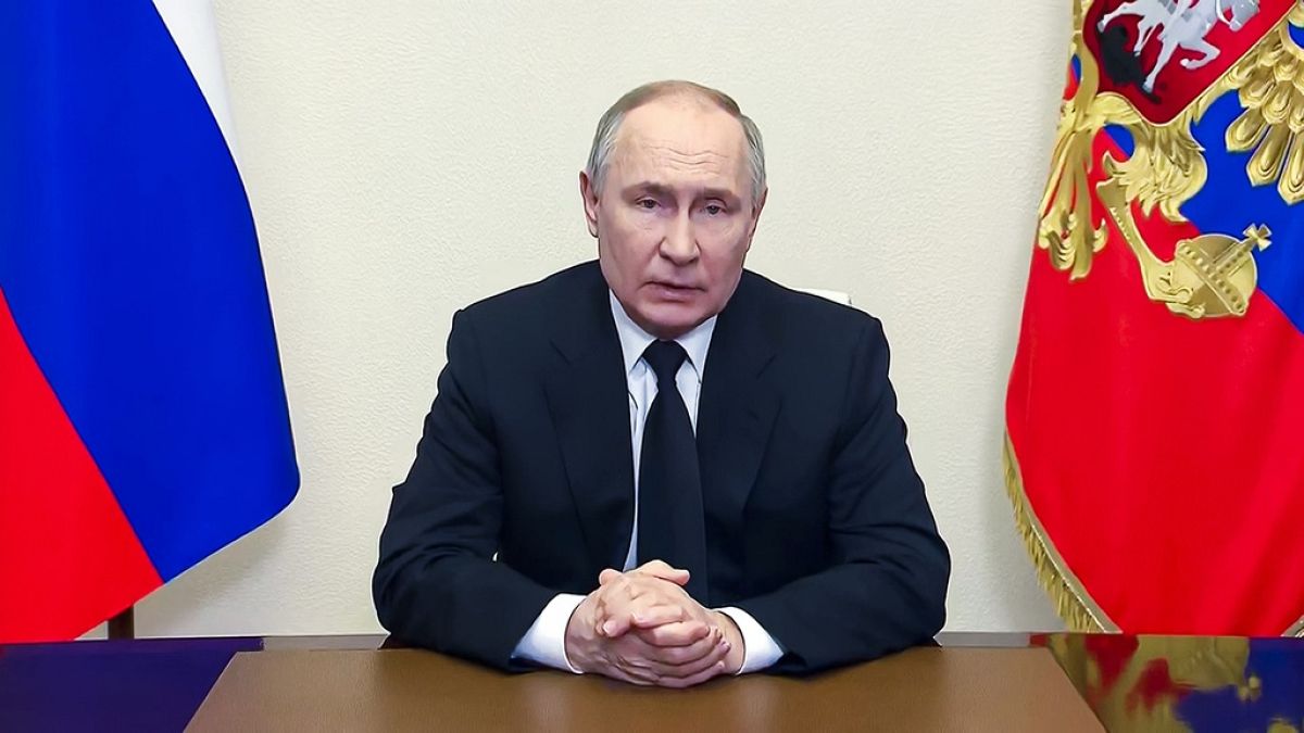 Präsident Wladimir Putin wendet sich nach dem Überfall auf die Crocus-City-Hall in einer Videobotschaft an die Nation. 23. März 2024