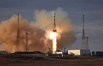 Soyuz 2.1a rocket with Soyuz MS-25 spacecraft lifts off from the Russian-leased Baikonur launch facility in Kazakhstan, Saturday, March 23, 2024.