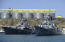Russian Black Sea fleet ships are anchored in one of the bays of Sevastopol, Crimea, March 31, 2014.