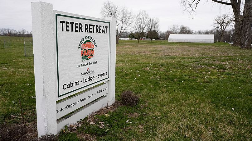A sign welcomes guest to the Teter Organic Farm and Retreat Center, March 2024, in Noblesville, Indiana.