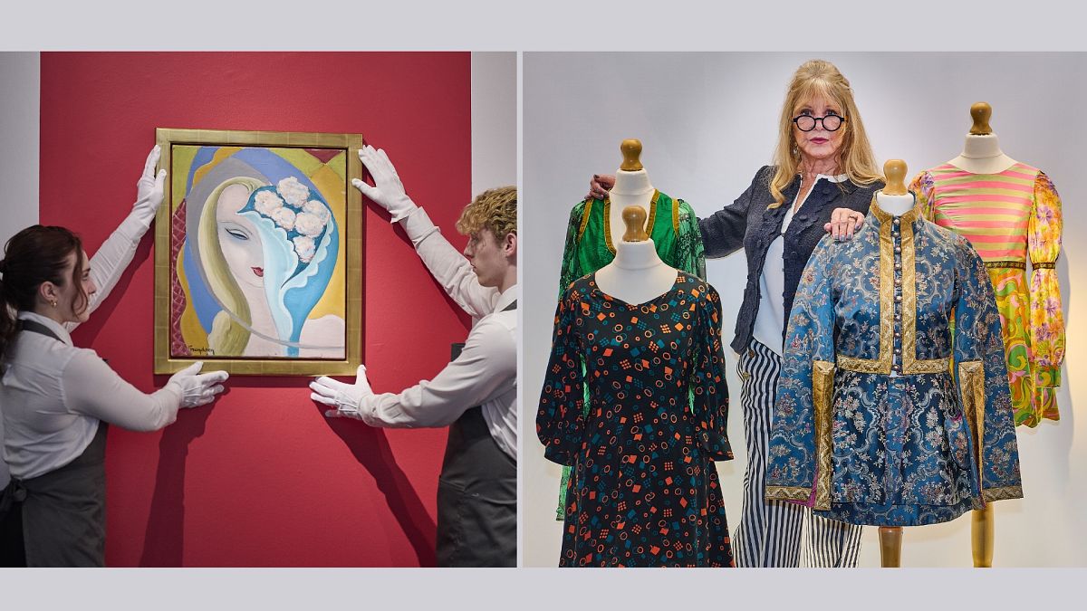 The top lot from the Pattie Boyd collection (left), the original artwork for the 1970 album "Layla". On the right, Pattie Boyd with the clothes she sold at auction.