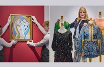 The top lot from the Pattie Boyd collection (left), the original artwork for the 1970 album "Layla". On the right, Pattie Boyd with the clothes she sold at auction.
