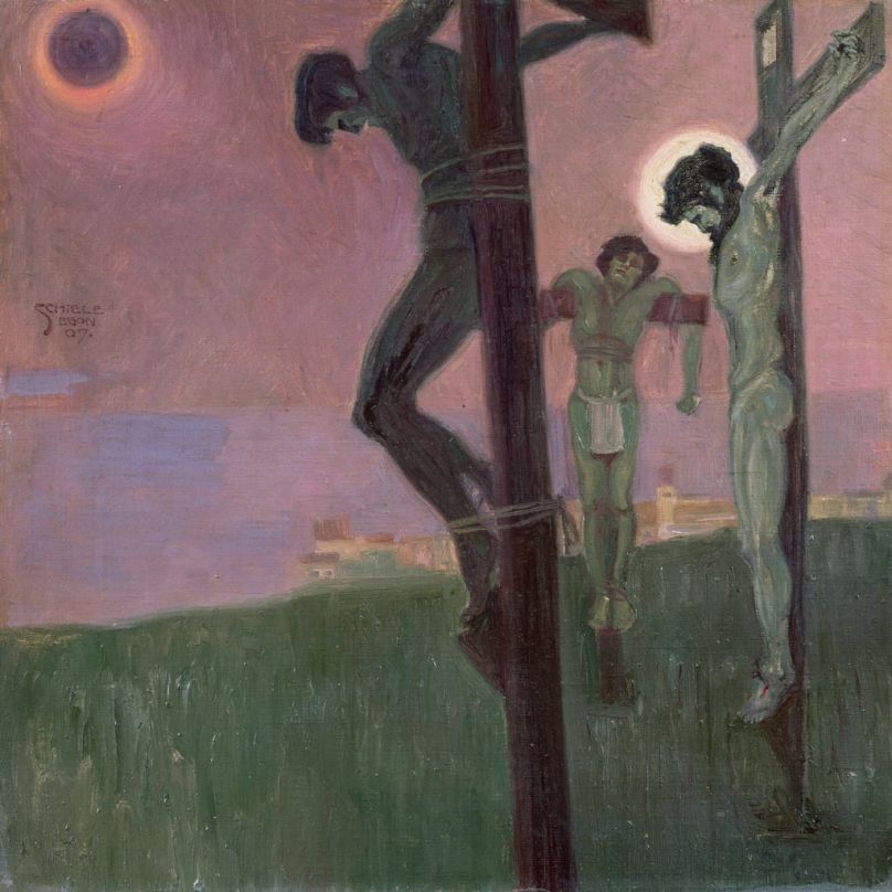 Crucifixión con sol oscurecido por Egon Schiele.