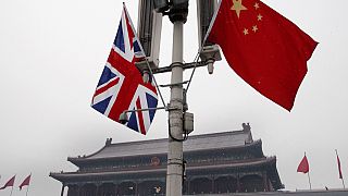 British and Chinese national flags are seen on display in front of the Tiananmen Gate in Beijing, China, Jan. 17, 2008. 