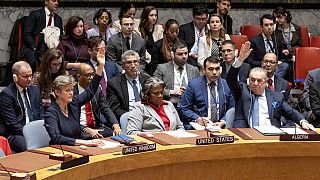 Linda Thomas-Greenfield, embajadora y representante de EE. UU. ante la ONU, se abstiene de votar en el Consejo de Seguridad de la ONU, que pide un alto el fuego en Gaza.