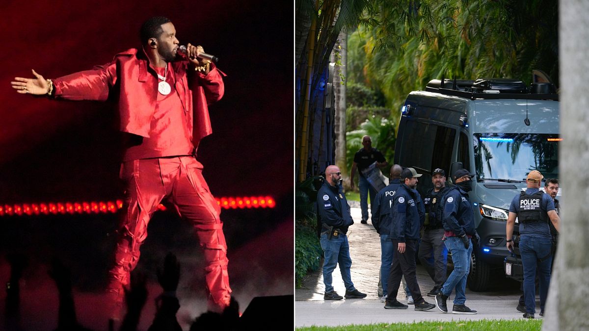 Sean "Diddy" Combs actuando no MTV Video Music Awards 2023 (à esquerda), autoridades federais revistando a casa de Combs em Miami Beach, Florida, na segunda-feira (25 de março).