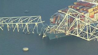 Remains of the Francis Scott Key Bridge in Baltimore, Maryland after a container ship collided with a support.