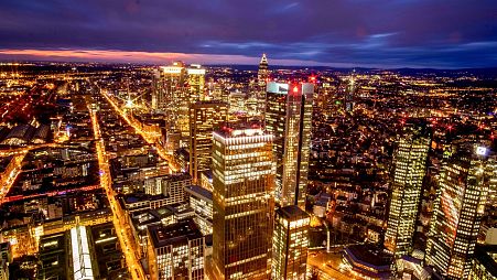 The buildings of the banking district are seen after the sun set in Frankfurt, Germany, February 2020.