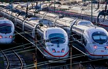 ICE trains are parked near the central train station in Frankfurt, Germany, March 2023. 