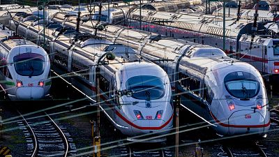 ICE trains are parked near the central train station in Frankfurt, Germany, March 2023. 