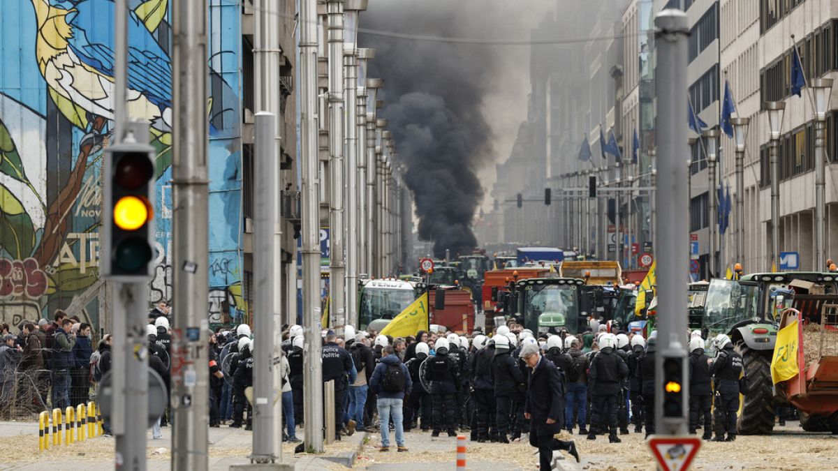 Policías detrás de una barrera observan un montón de patatas arrojadas por manifestantes durante una manifestación de agricultores cerca del Consejo Europeo 
