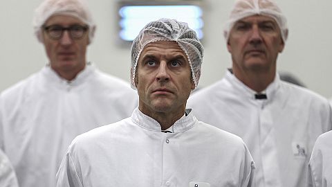 French President Emmanuel Macron visits the plant of Danish pharmaceutical company Novo Nordisk in Chartres, south west of Paris, Thursday, Nov. 23, 2023.