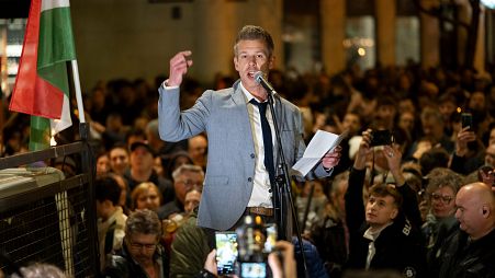 Former Hungarian government insider Peter Magyar gives a speech next tot Kossut Lajos Square on Tuesdy, in Budapest, Hungary, March 26, 2024. 
