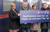 Caption: Minister Georges Gilkinet (second from the left) welcomes the arrival of the new night train coming from Berlin in the Brussels Midi station on 12 December 2023. 