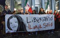 Demonstrators hold up a banner with writing (Italian) "Lets free Ilaria Salis", in front of the Pantheon monument, in Rome, ON Feb. 14, 2024. 
