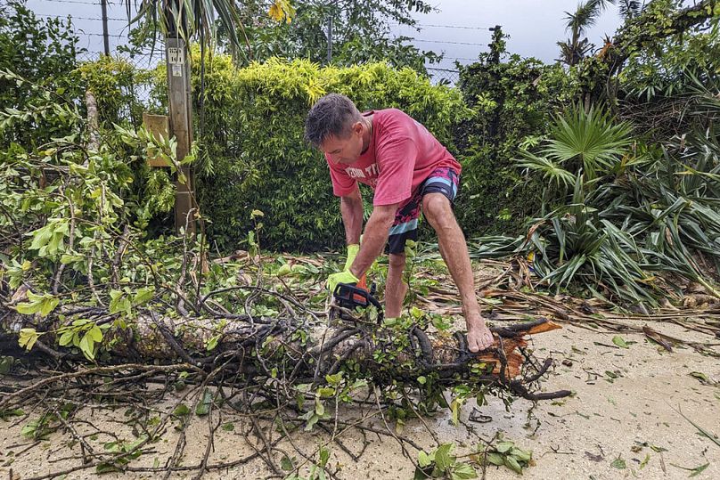 Мужчина распиливает бензопилой упавшее дерево в Порт-Виле, Вануату, март 2023 года.